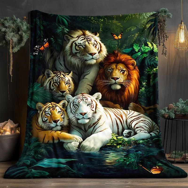 

Tigers and lions gather in the jungle Flannel printed blanket suitable all seasons suitable for living office sofa and travel 75x100cm
