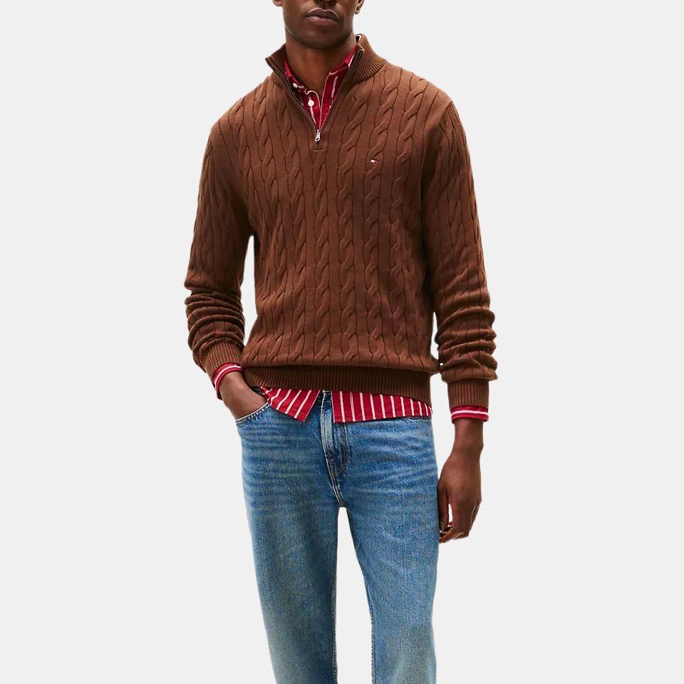 Tommy Hilfiger Cable Knit Half-Zip High Neck Design Comfortable Versatile Fashion Pullover Sweater Men Sweater XM05669-GV0
