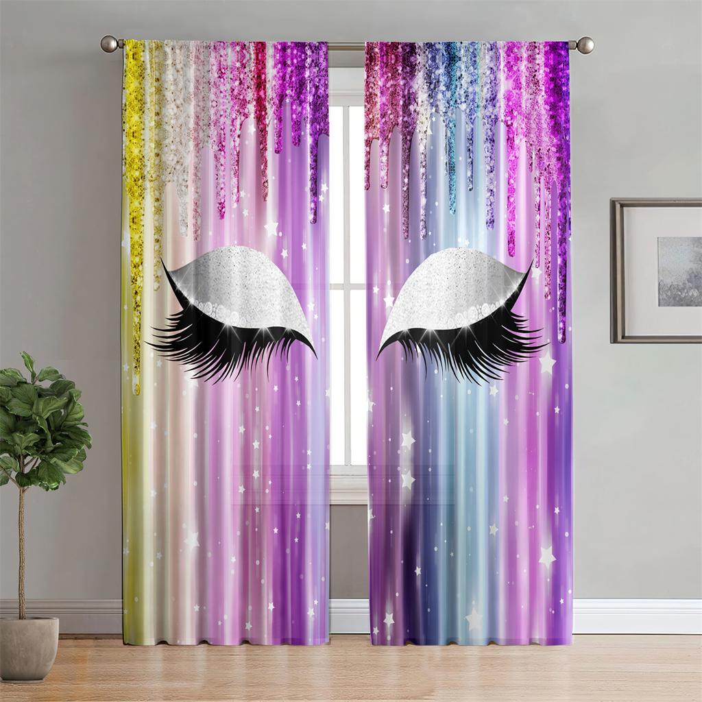 Wimpern Regenbogen Prinzessin Gold Glitzer Frauen Mädchen 2 Stück Lichtfilter Vorhang für Wohnzimmer Schlafzimmer Fenster Deko