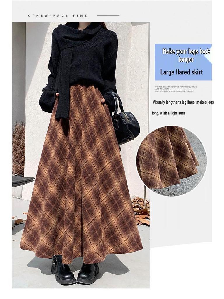 Thickened Warm Wool Retro Plaid Umbrella Skirt - 2025 Autumn/Winter Collection