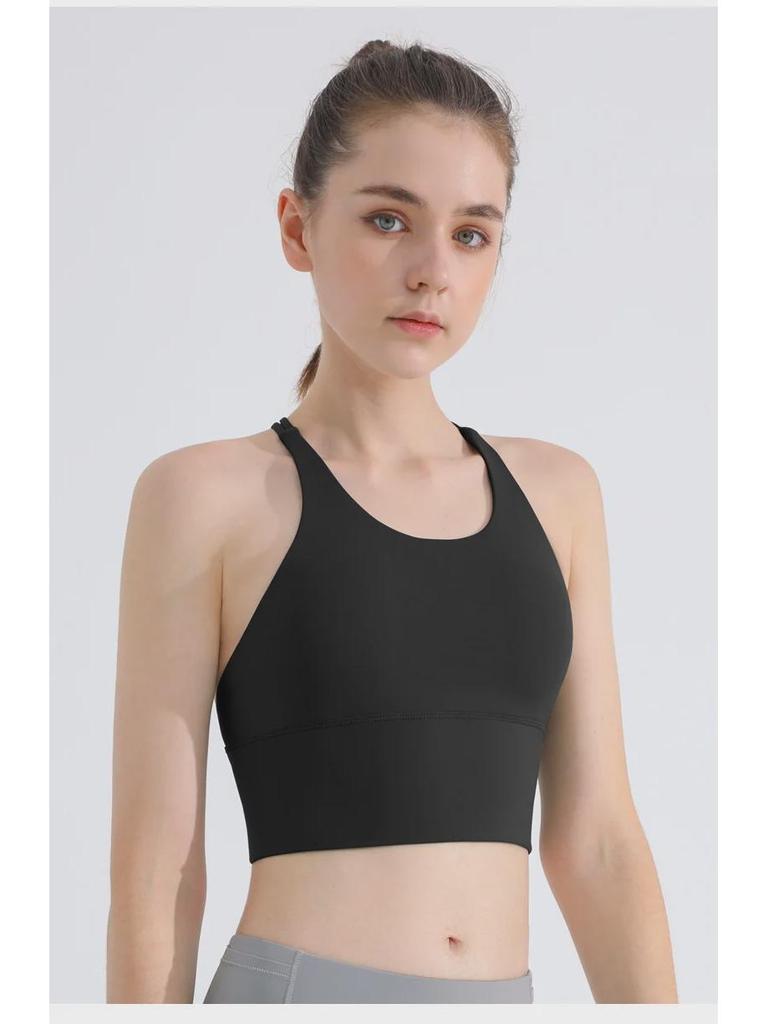 Women's High-Impact Spaghetti Strap Sports Bra - Shockproof Halter Neck, Gathered Back Yoga Vest