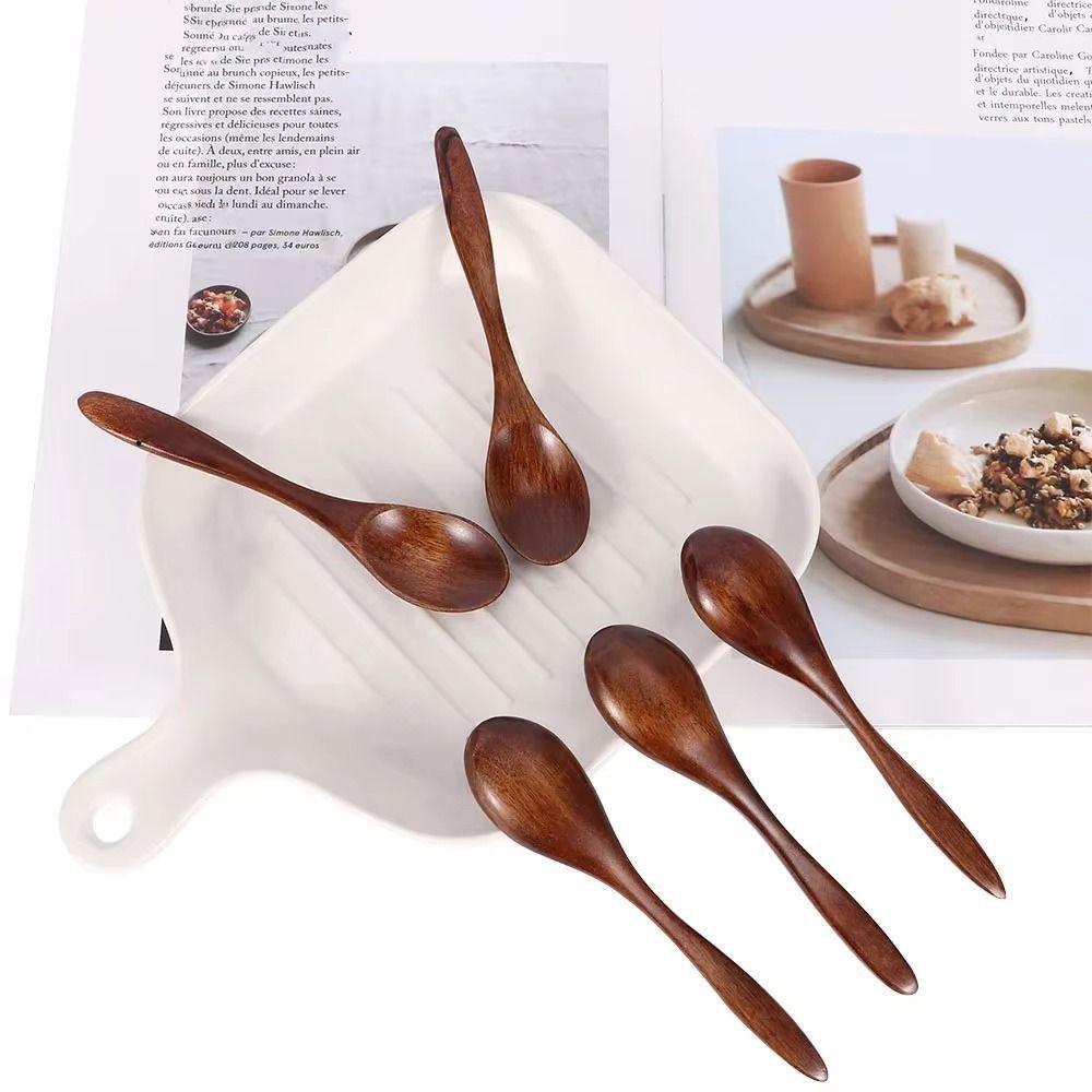 5pcs Japanese Wooden Stirring Spoon Anti-Scald Teaspoon Kitchen Utensils Mixing Spoon Soup