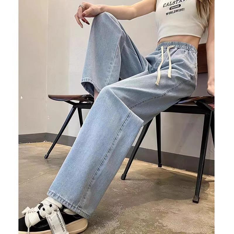 Women Elastic Drawstring Waist Straight Jeans Loose Wide Leg Denim Pants Casual Light Washed Long Trousers