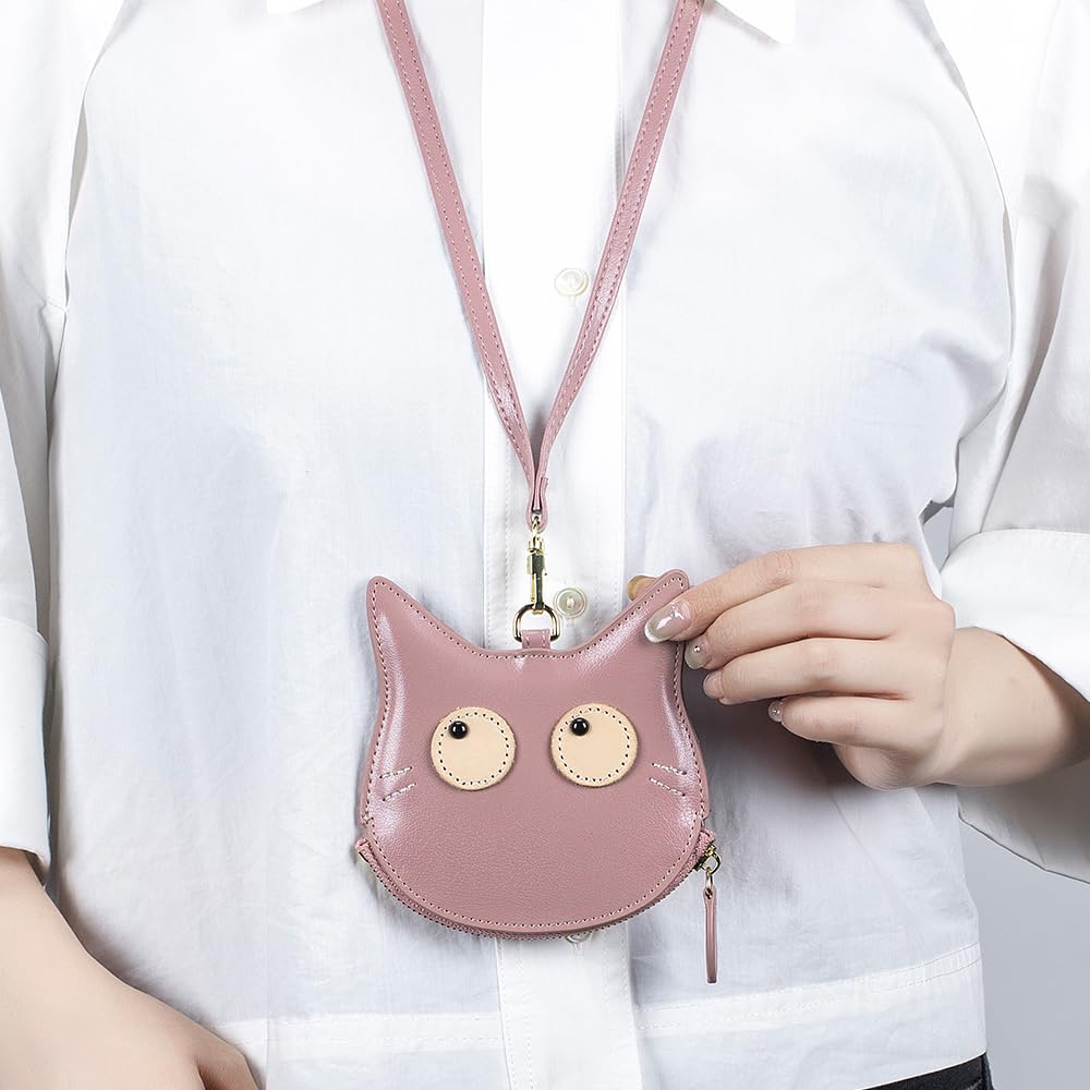 Yocipa Genuine Leather Cat Coin Purse, Women's Mini Wallet, Neck Pouch, Leather Coin Case, Multifunctional, Compact Neck Wallet with Strap, Cute