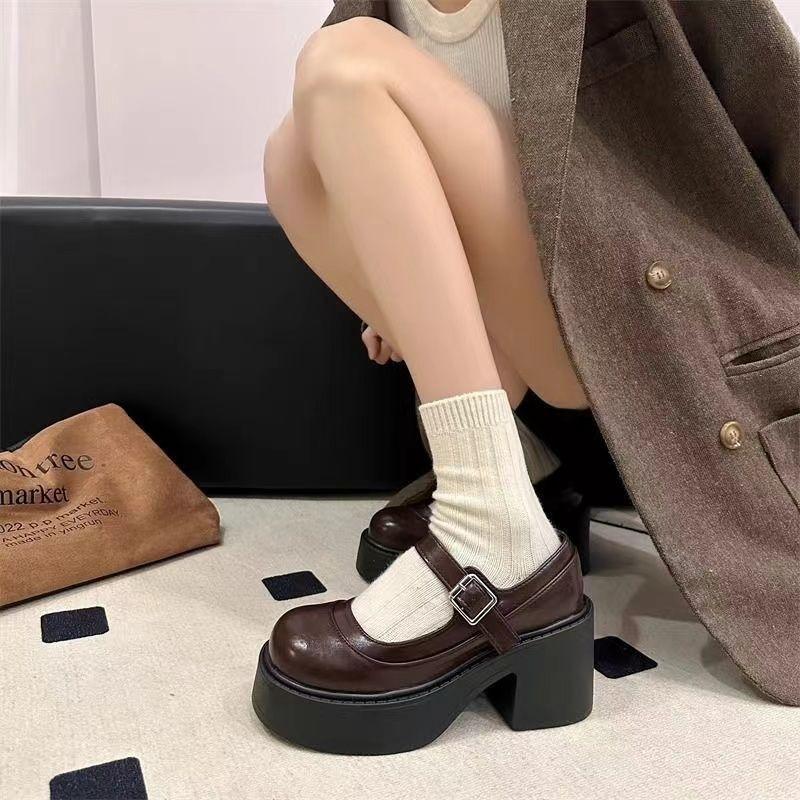 Small Fashion Thick Heel Thick Sole Heightening Small Leather Shoes Summer and Autumn Dopamine Wear with Skirt Single Shoes