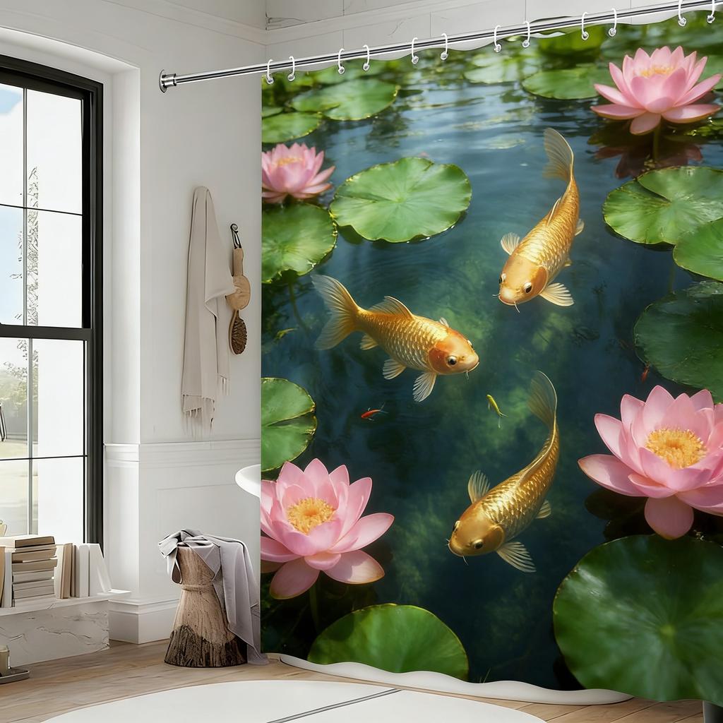 Red Bird at Sunset Lake Wetland Waterproof Shower Curtain for Tropical Bathroom Decor