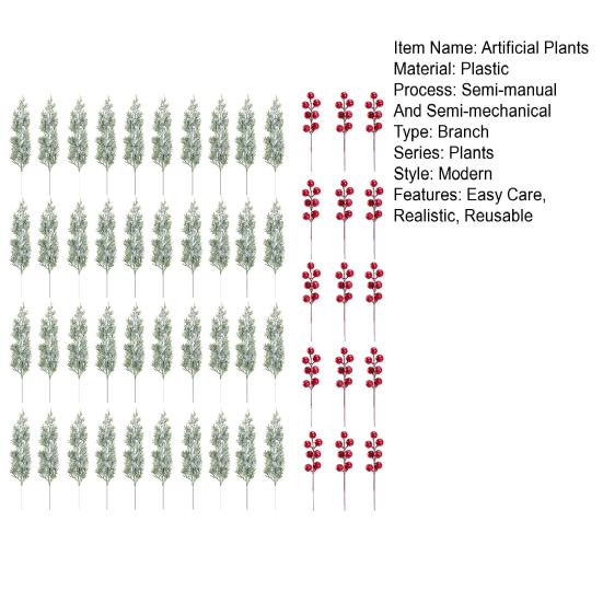 55/60Pcs Artificial Pine Branch Christmas Holly Berries Branch Faux Greenery Pine Needle Pick Fake Red Berry Stems Xmas Holiday Party Decoration