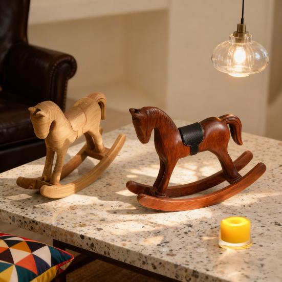 Yousheng Wooden Rocking Horse Figurine Vintage Wood Carving Pony Statue Sculpture Home Office Desktop Decoration Ornament