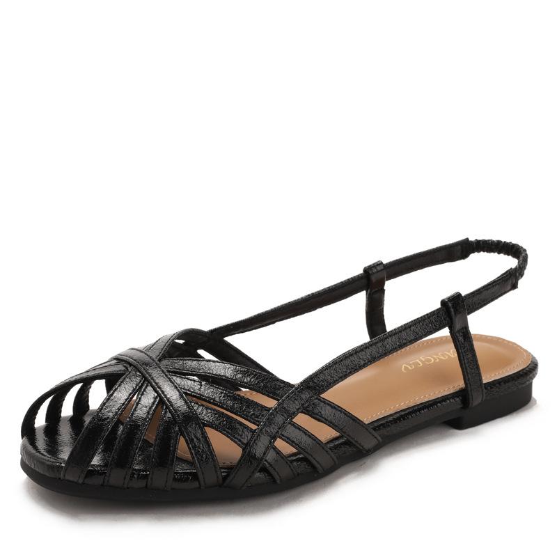 

Глянцевые оранжевые ветрозащитные плоские сандалии с перекрестной лямкой, открытым носком, задним ремешком, ретро, универсальные, женские туфли для commuters 8- 36 чёрный