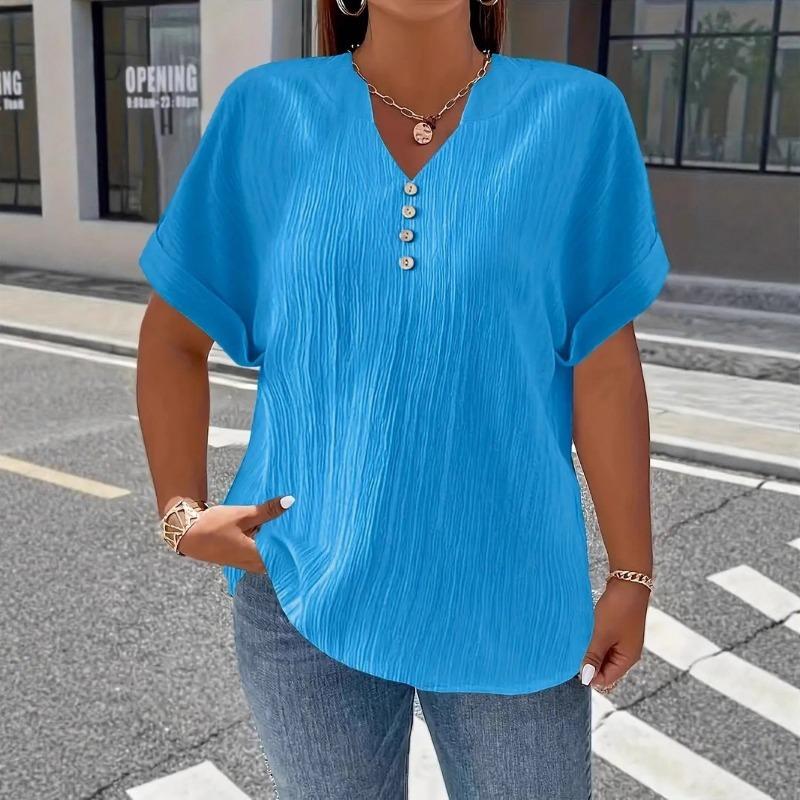 V Neck Casual Simple Summer Blouse Large Size Short Sleeve Fashion Elegant Buttons Shirts Ladies Solid Color Office Tops Elegant Sweet Clothing
