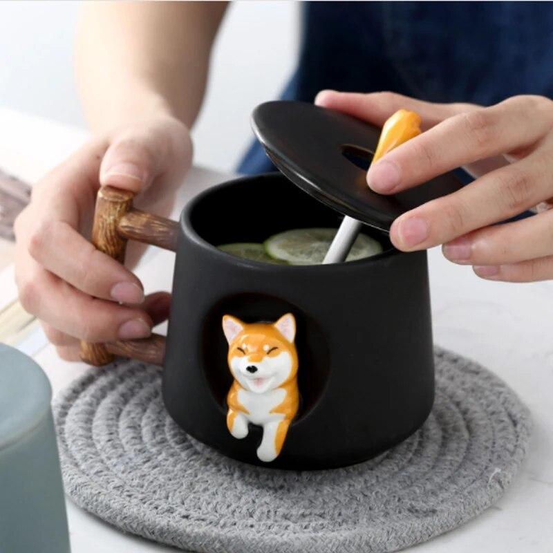 Niedliche Cartoon-Tier-Shiba-Inu-Keramikbecher, kreative Männer und Frauen, Paar mit Deckel, Löffel, Trinkwasser, Kaffeetasse