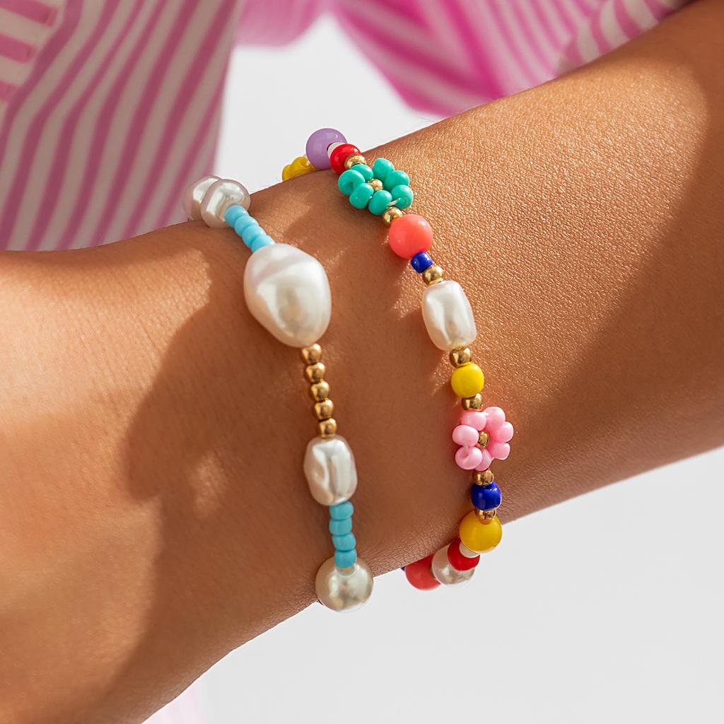Baroque Special-Shaped Pearl Rice Bead Bracelet Female, Bohemian Colored Small Daisy Flower Jewelry