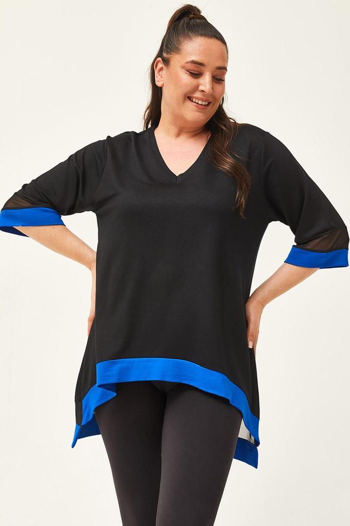 Women's Big Size Blouse Plus Size Black-Green Blouse with Tulle Detail On Sleeves and Skirt