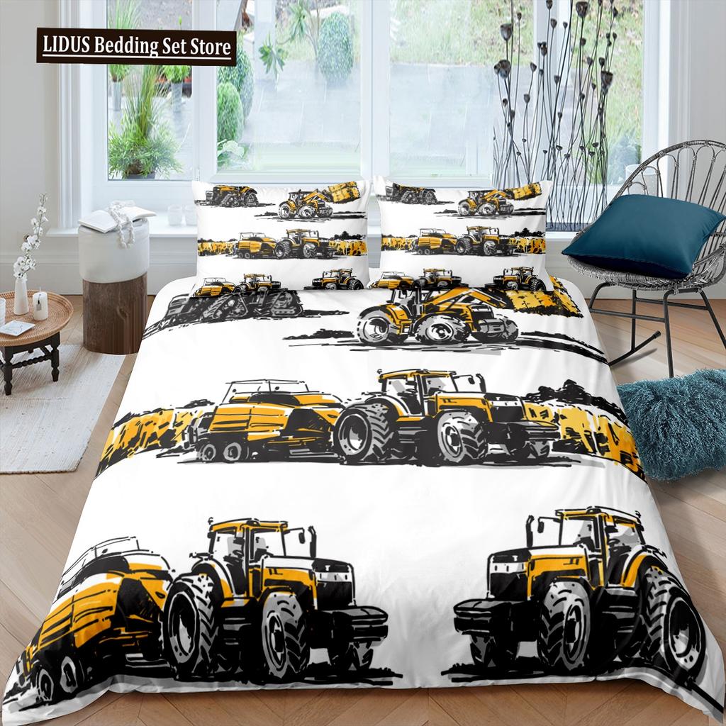 Cartoon Feuerwehrauto King Queen Bettwäscheset für Jungen Kinder Betonmischer Bettbezug Traktor Kran Bagger Polyester Quiltbezug