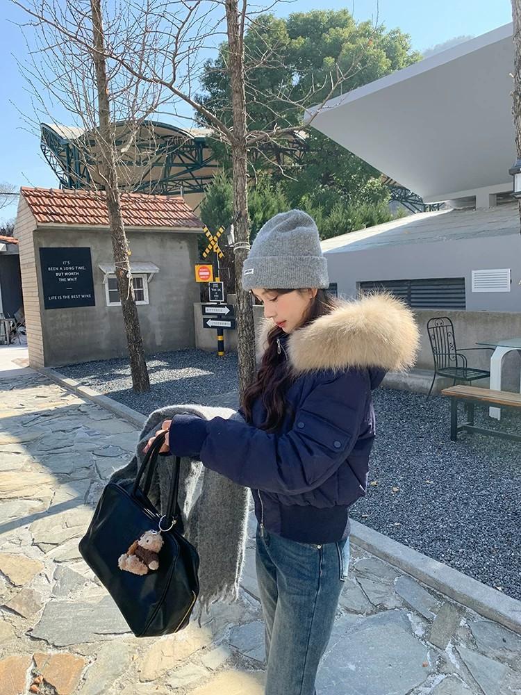 waist thin cotton-padded clothes women's short winter thickened large fur collar hooded cotton-padded clothes new small cotton-padded jacket women's