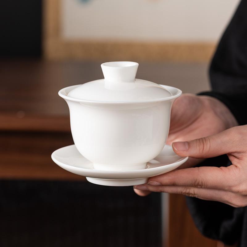 Hover Cover Bowl Suet Jade Porcelain White Porcelain High-end Three Talents Brewing Tea Bowl One Pot Two Cups Gift Box Light Luxury Boutique Tea Set