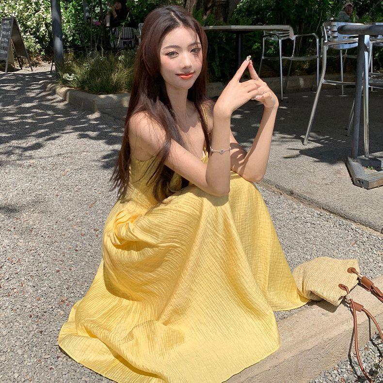 Summer New French Small Yellow Suspender Dress Women's Clothing Waist Temperament Long Dress Seaside Vacation Skirt