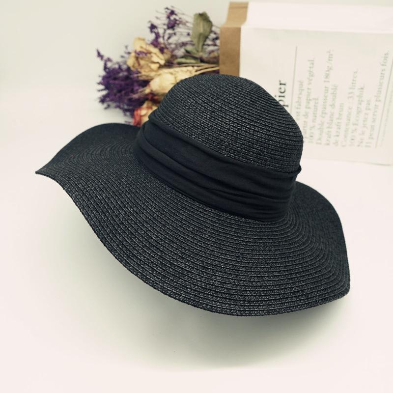 Hepburn Elegant Black Vintage French Wave Big Brim Straw Hat Women'S Sunscreen Shade Resort Beach Sun Hat