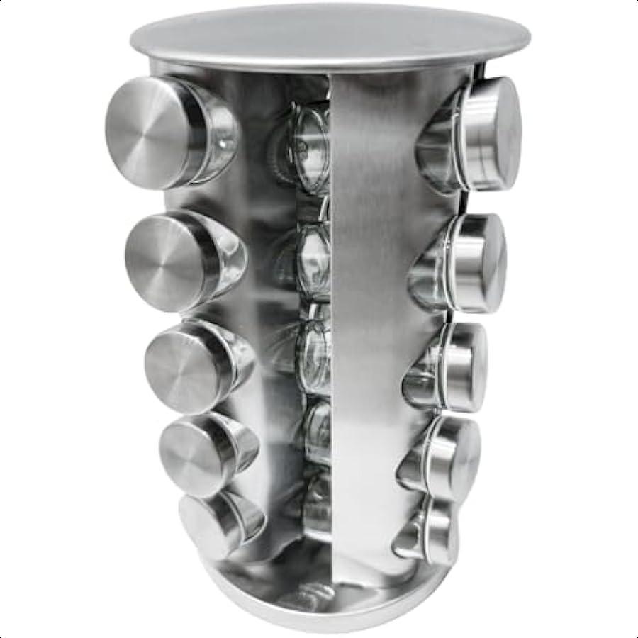 

Вращающаяся подставка для специй с 20 баночками, вращающийся органайзер для специй с этикетками, полированная нержавеющая сталь с черными крышками, нержавеющая United States