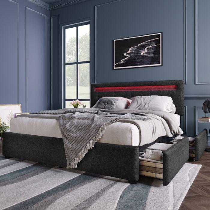 Cadre De Lit - MUVOE - 140x200cm - Noir - 4 Tiroirs - Éclairage LED