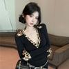 Women's V Neck Long Sleeve Tee Slim Fit Sexy Leopard Patchwork Knit Top