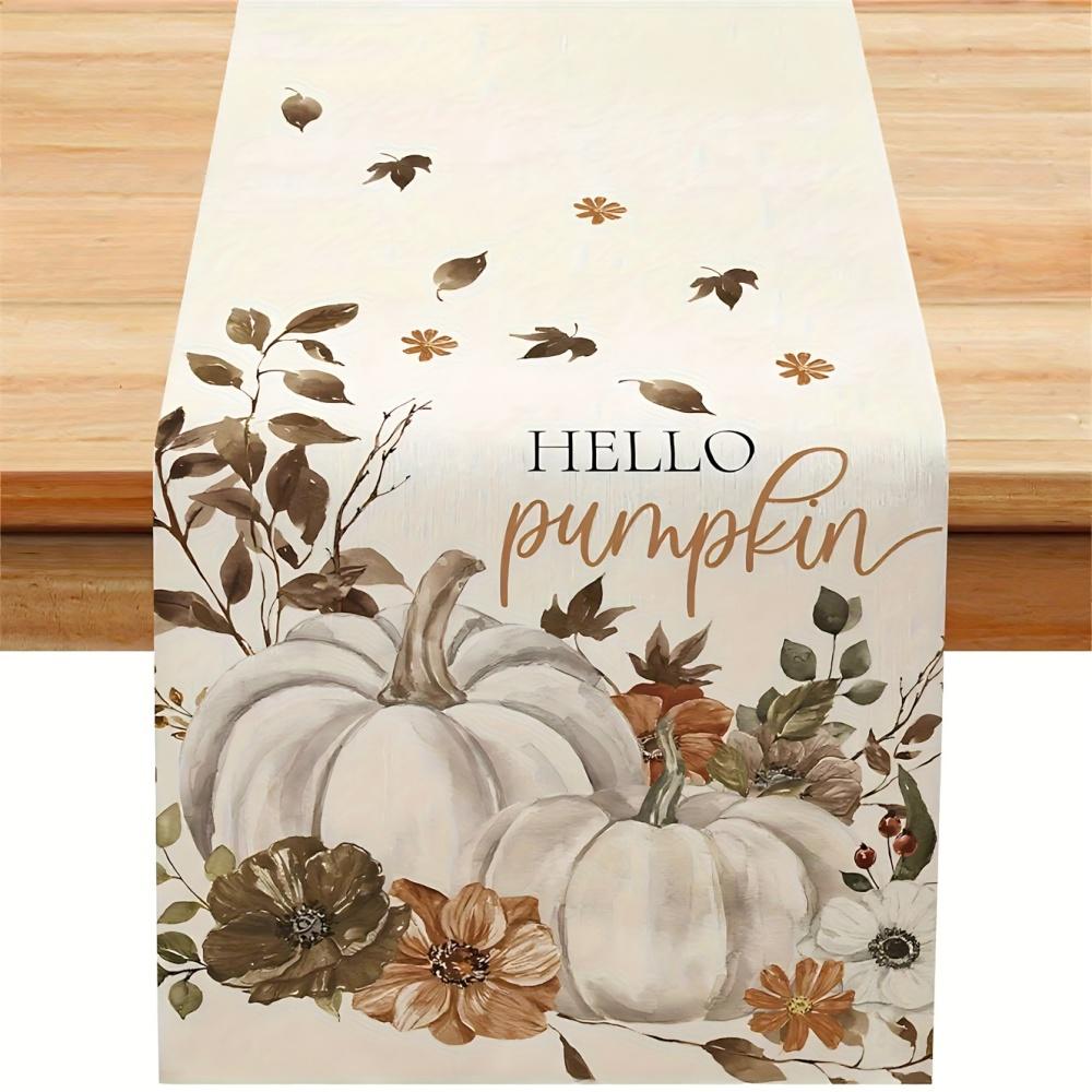 1Pc Autumn Pumpkin & Dried Leaf Table Runner - Thanksgiving Party Decor, Rectangular Tablecloth With "Hello Pumpkin" Design