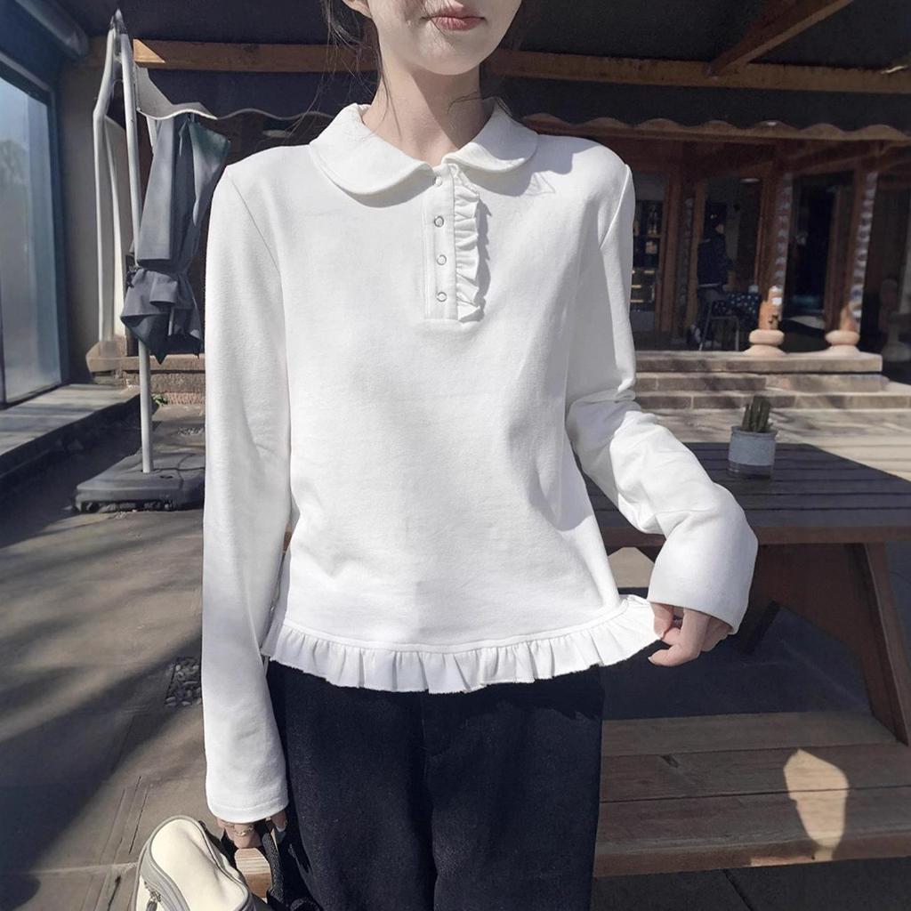 Women's Korean White Lace Collar Slim-Fit Long-Sleeve Top for Autumn/Winter
