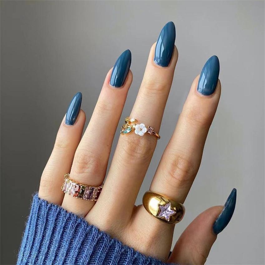 24 Pcs Medium Long Solid Almond Press On Nails Full Coverage Removable Fake Nails Art Wearable False Nail Set
