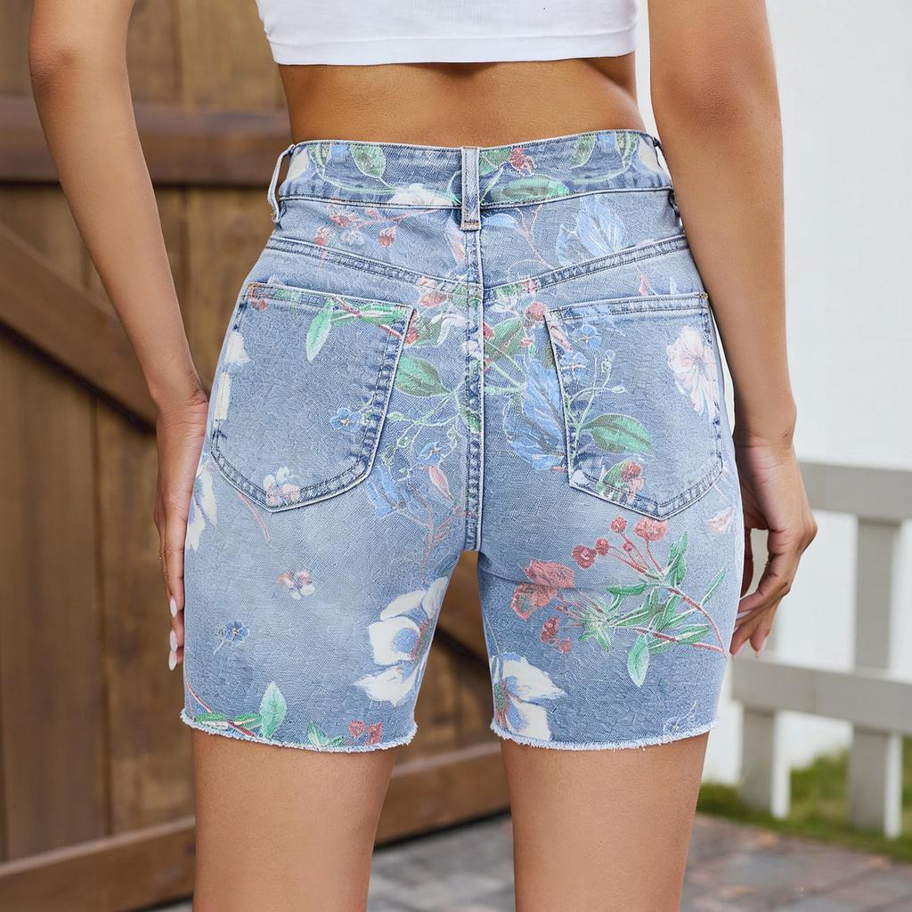 Damen Klassische High Waist Jeans-Shorts mit Blumendruck Fünf Zoll Schrittlänge Lässige Passform Sommer-Unterteile