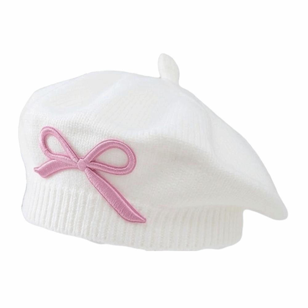 Soft Children Knitted Beret Elastic Beanie Cap Stylish Bow Embroidery Painter Hat  Gift