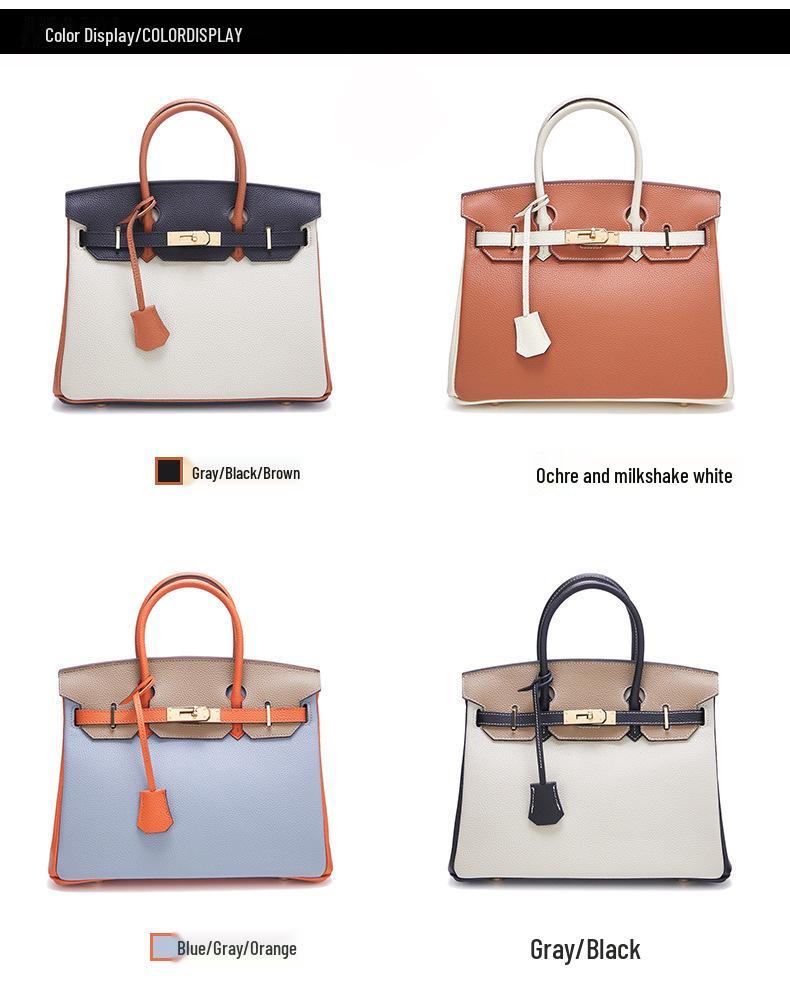Color Block Genuine Leather Platinum Bag: Large Capacity Togo Cowhide Handbag with Lock - Fashion Shoulder Crossbody