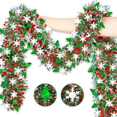 Red Green Silver Shiny Metallic Twist Ribbon Christmas Tinsel Garland Snowflake Xmas Tree Home Decor Mantle Stairs Indoor Party