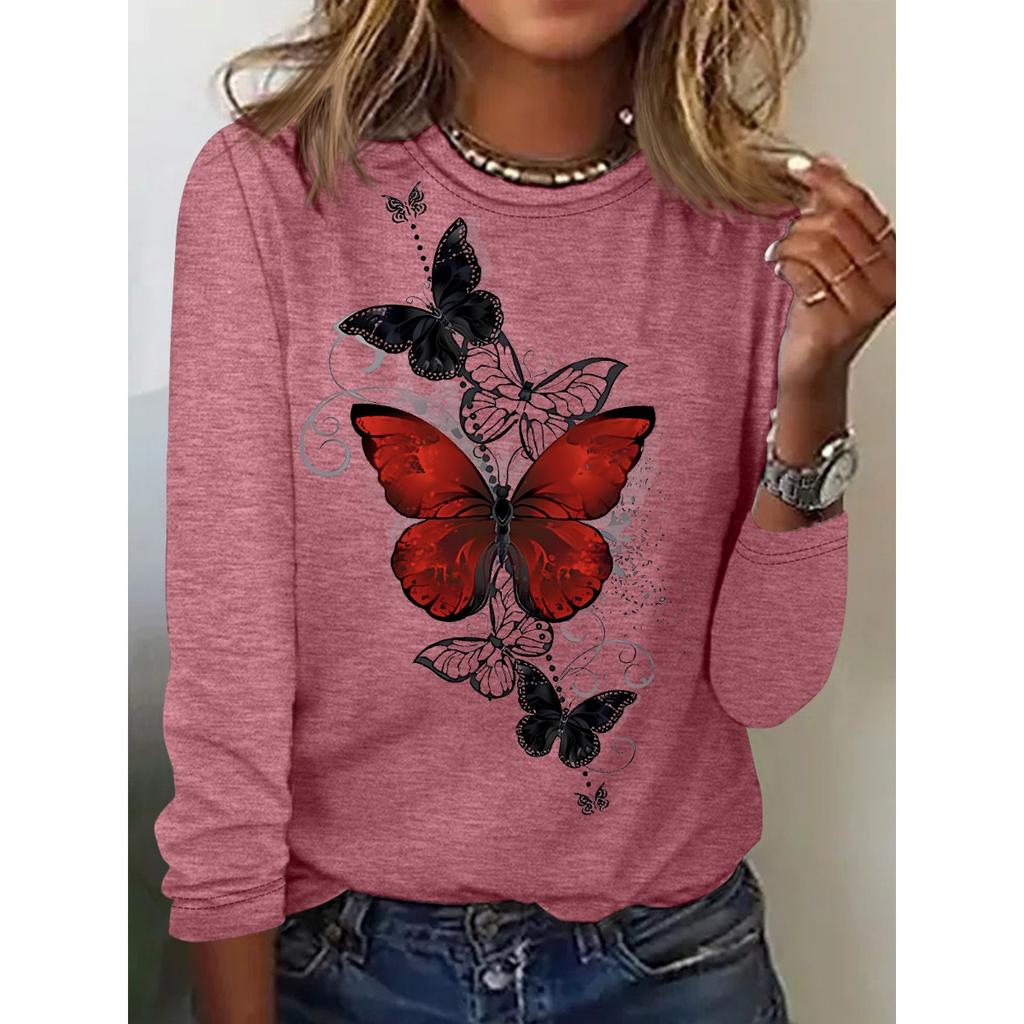 Round Neck 3D Printed Butterfly Pattern Top Fashionable Casual Long Sleeved Women's T-shirts