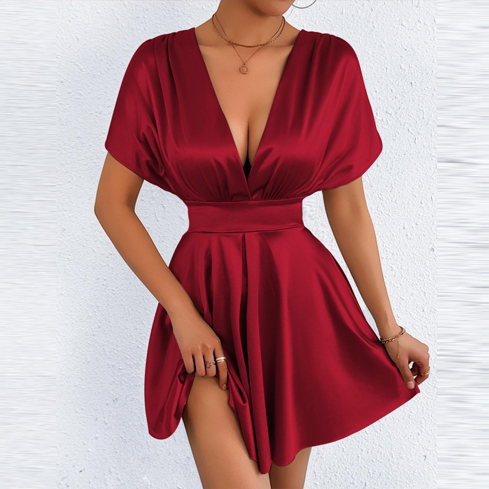 

Women s Fashion Casual Solid Color V Neck Dress Short Sleeve Waistband Flared Skirt Above Knee Length Summer Dress L винный
