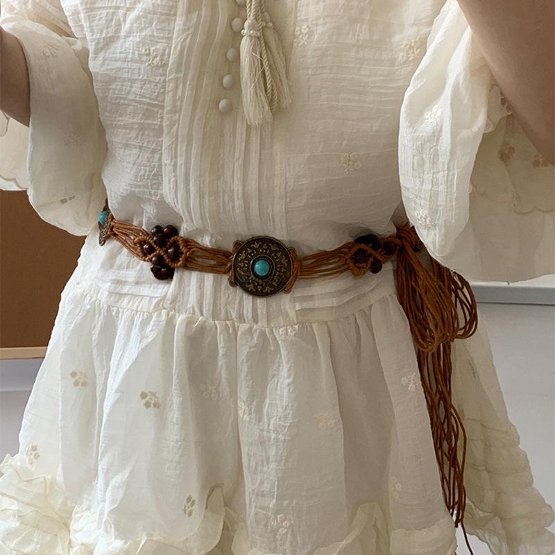 Hemp rope woven multi-layer pattern wood bead waist chain niche temperament retro belt temperament versatile high-end jewelry women