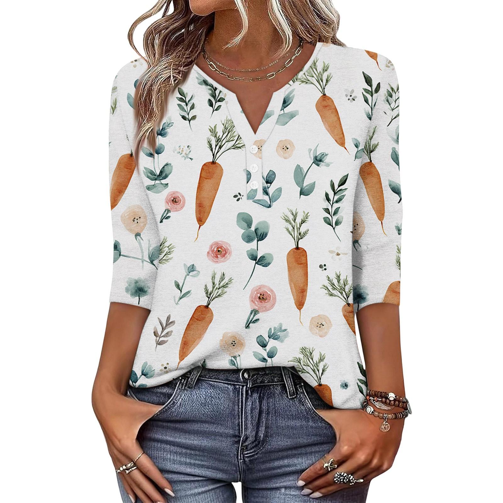 

Женская модная и повседневная футболка с принтом пасхального кролика и яиц, с V-образным вырезом, на пуговицах, с рукавом три четверти S бежевый