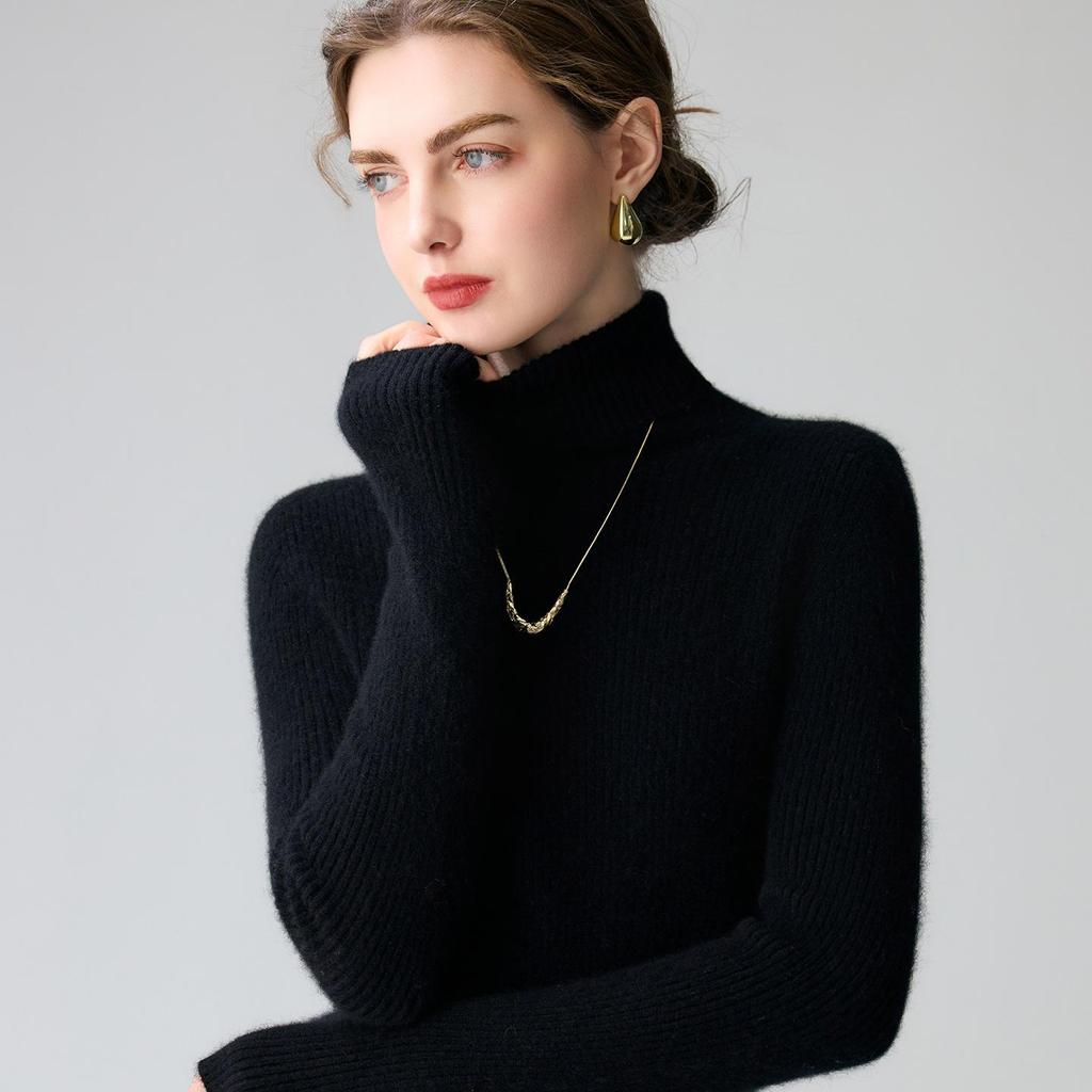 Women's 100% Pure Cashmere Striped High-Neck Slim Fit Sweater - Warm Knitwear for Autumn/Winter 2026