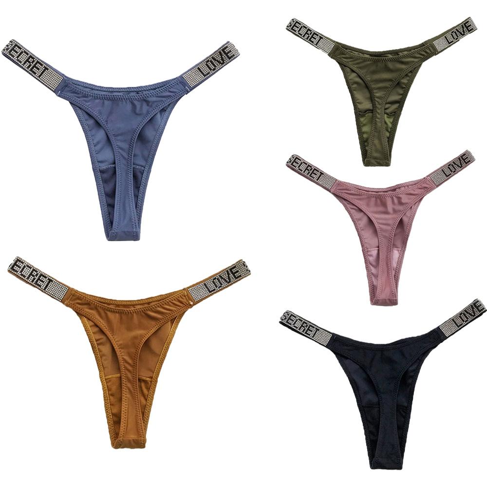 Sexy Triangle Fitness Sports With Letter Low Rise Briefs Sexy T-Back G-string Women Panties Rhinestone Thong