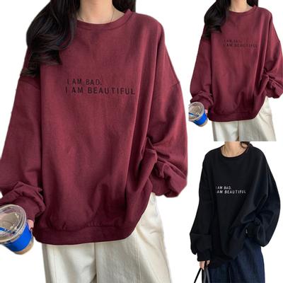 Women Long Sleeve O Neck Pullover Letters Print Oversized Blouse Sweatshirt