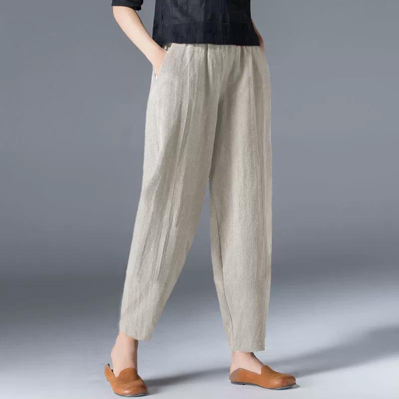Women's Baggy Pants Cotton Linen Wide Leg Trousers Casual Elastic Waist Patchwark Harem Pants