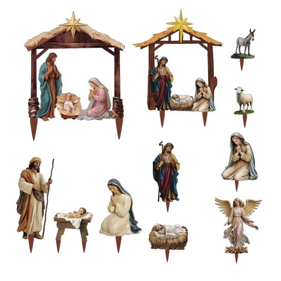 1 Set Wooden Nativity Garden Stakes Christmas Outdoor Joseph Mary Baby Jesus Decorations Holy Family Stakes for Yards Lawns Decor