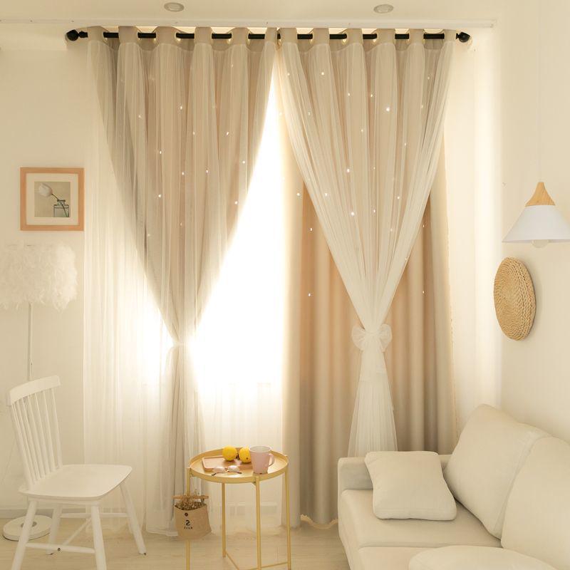 Double Layer Blackout Curtains, Girly Cream Style, Fabric and Gauze, for Bedroom and Dormitory, Sun Protection and Heat Insulation