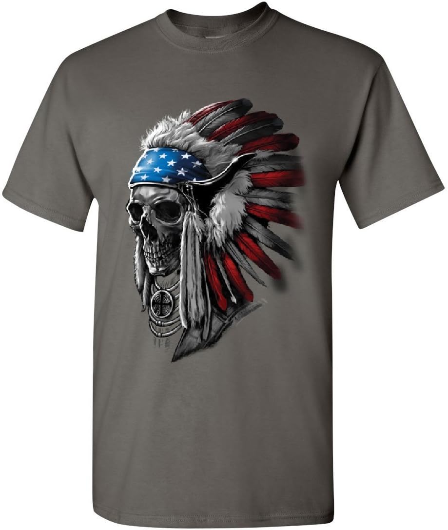 Chief Skull Headress T-Shirt Native American Stars and Stripes Mens Tee Shirt S