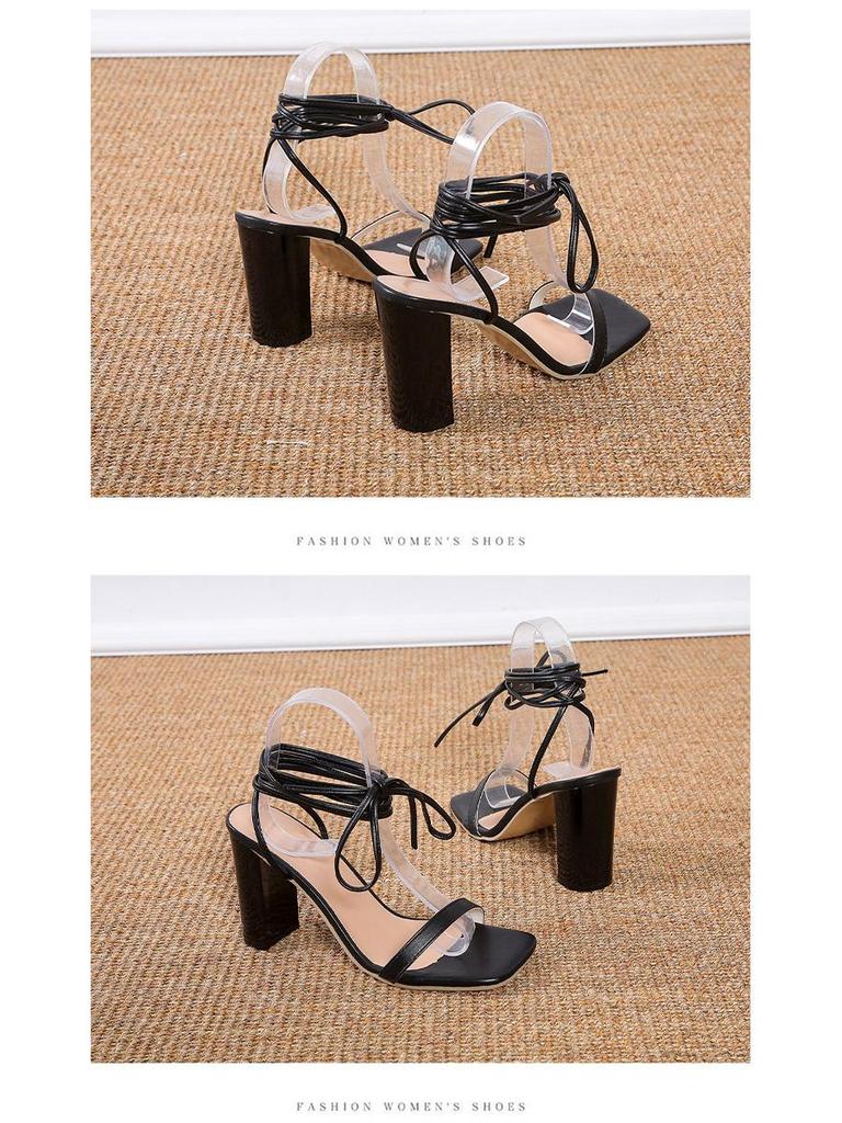 Nové evropské a americké dámské sandály na vysokém podpatku s tlustým čtvercovým podpatkem, designem rybích úst a detailem pásku na léto.
