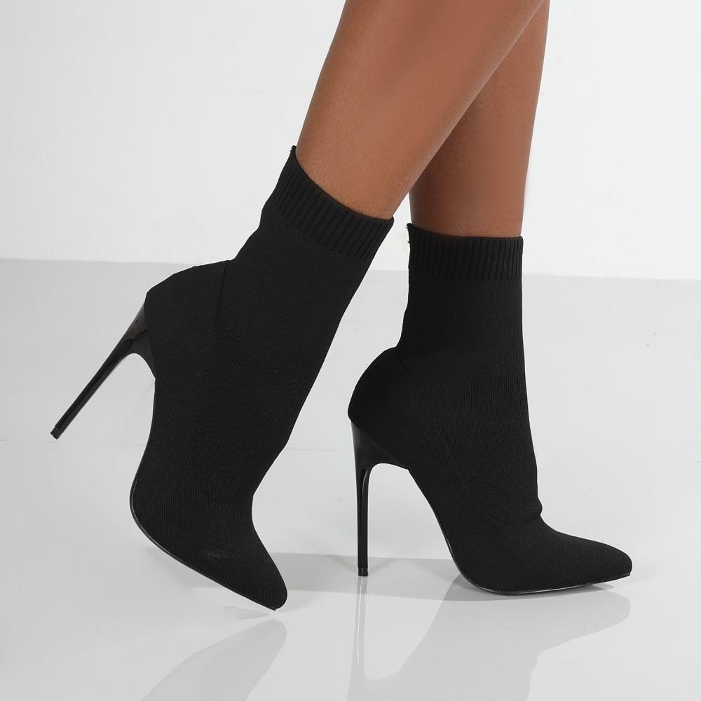 Europäische und amerikanische neue Stiefel Damen sexy spitz zulaufende dünnabsatzige Kurzstiefel Herbst und Winter gestrickte hochhackige Lederstiefel Temperament