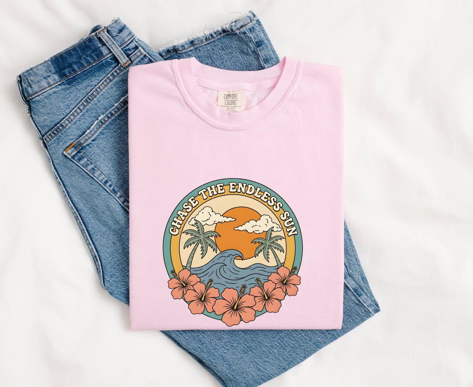 Tropical Sunset Shirt Tropical Beach Gift Women Retro Tee Sunset T-Shirt Island Fan Retro Tshirt Coast Graphic Vintage Hibiscus Flowers M