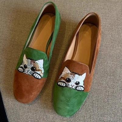 Mode Luxe Designer Mode Dames Retro Kitten Platte Enkele Lente Instapper Boon Stijl Comfortabele Boon Schoenen Kat Ronde Neus Schoenen