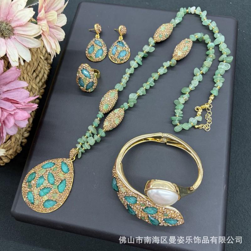 Elegant Vintage Pearl Jewelry Set Women Necklace Earrings Bracelet Ring With Waterdrop Heart Bell Charms In Gold Plated Finish
