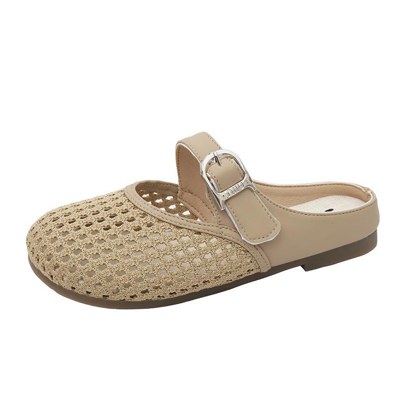 2025 Summer New Light Mouth One-word Buckle Belt Hollow Round Head Slope Heel Cool Slippers Women's Retro Sweet Half-pack Slippers