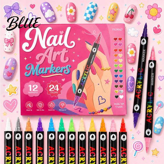 Quick Drying Nail Polish Pens 12Pcs Dual‑Tip Art Markers Set 24 Colors Acrylic Painting Pens Supplies for Salon Dry Waterproof Drawing DIY